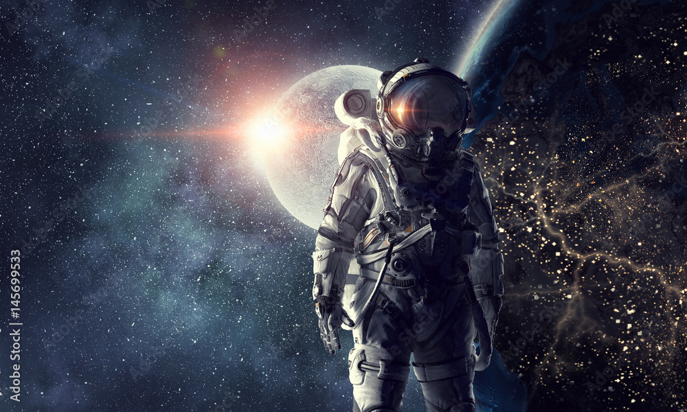 Fototapeta premium Astronaut in outer space. Mixed media