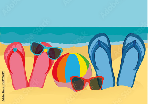 Flip-flops and sunglasses on the sandy shore of the ocean. Vector