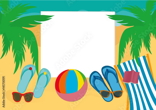 Flip-flops and sunglasses and chaise longue with a ball on the sand