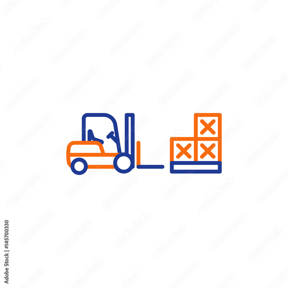 Fork truck with pallet of boxes, cargo load storage service line icon Fork truck with pallet of boxes, cargo load storage service line icon