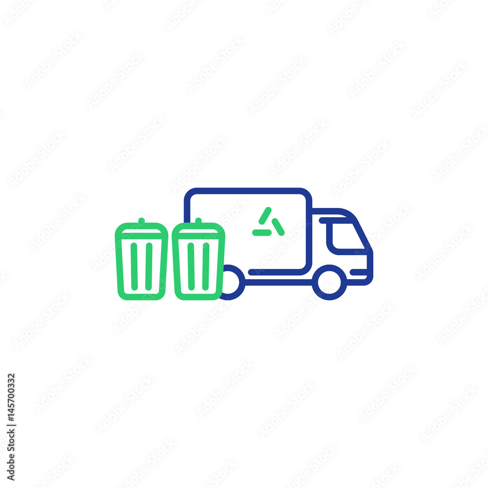 Garbage truck line icon, trash disposal services, waste bins Garbage truck line icon, trash disposal services, waste bins