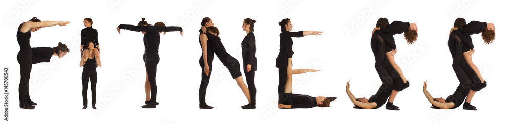Black dressed people forming word FITNESS Black dressed people forming word FITNESS