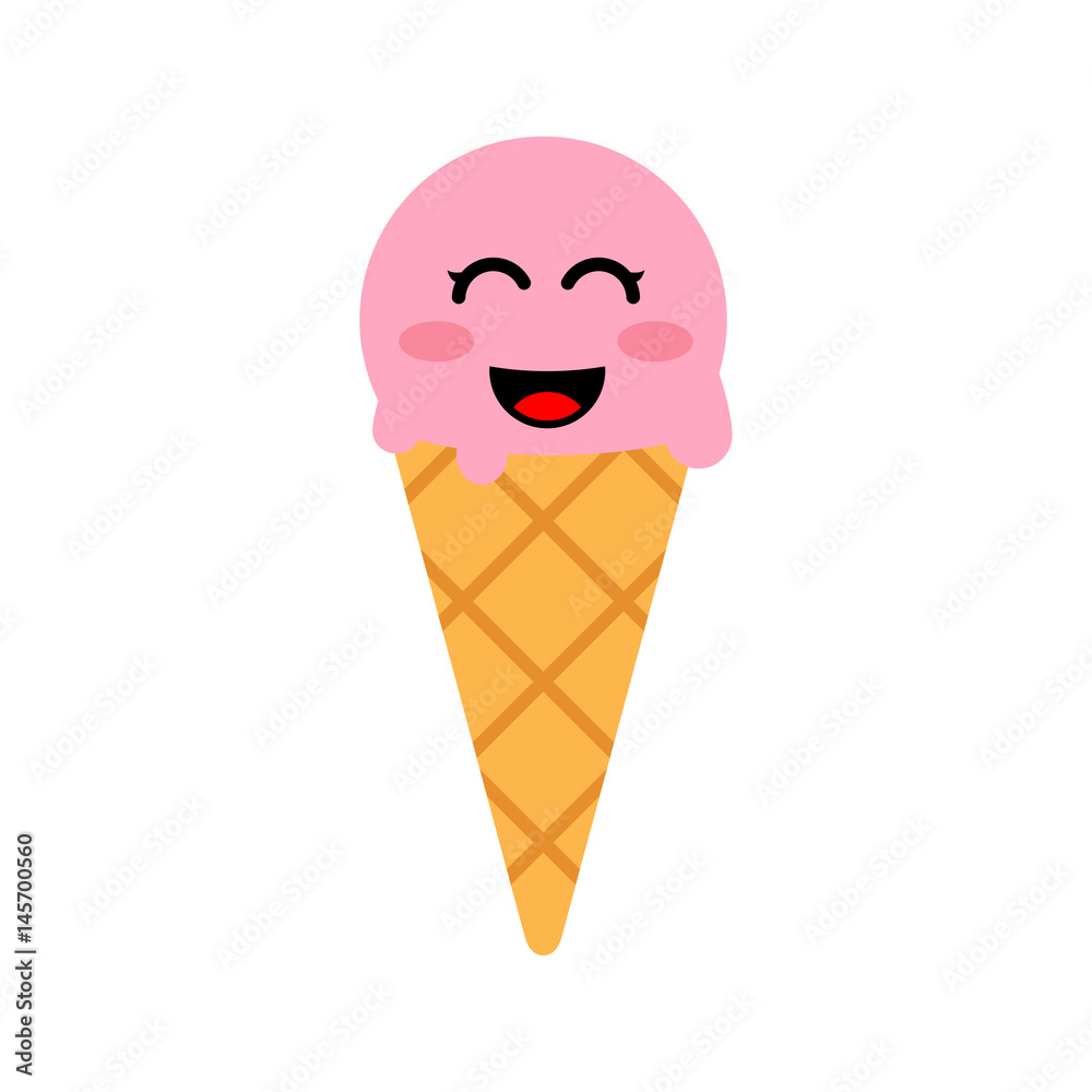 Icono plano cara riendo kawaii en cornete de fresa en fondo blanco Icono plano cara riendo kawaii en cornete de fresa en fondo blanco