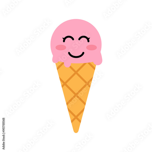 Icono plano cara sonriendo kawaii en cornete de fresa en fondo blanco