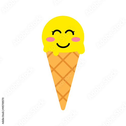 Icono plano cara sonriendo kawaii en cornete de vainilla en fondo blanco