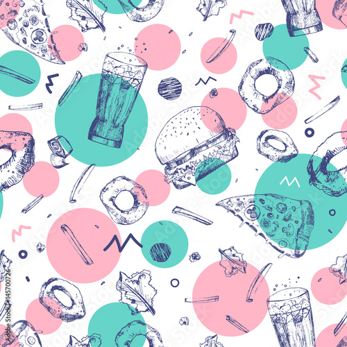 Vector modern sketch fast food seamless pattern. Colorful junk food wrapping with pizza slices, burger, french fries and hot dog. Great for menu, poster or restaurant background, banner