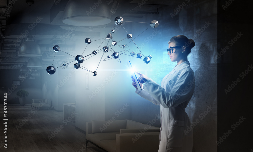 Scientist woman doing research. Mixed media Scientist woman doing research. Mixed media