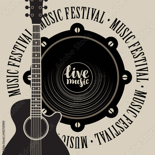 vector banner with a acoustic speaker, acoustic guitar, inscription live music and the words music festival, written around