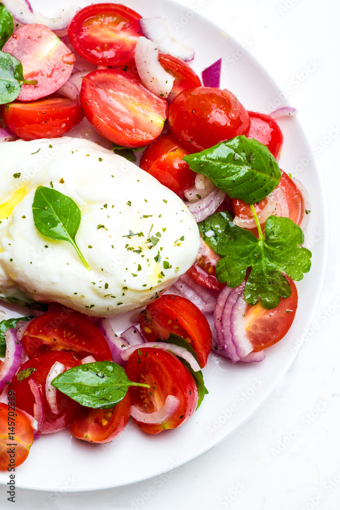 Burrata with basil, tomato and red onion close-up on a white background. Burrata with basil, tomato and red onion close-up on a white background.