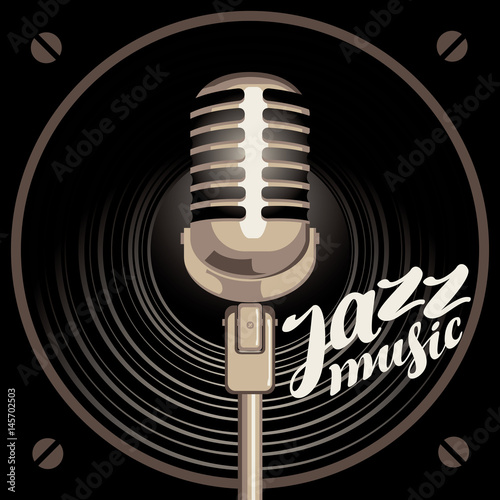 Vector poster for the jazz music with acoustic loudspeaker, microphone and handwritten lettering