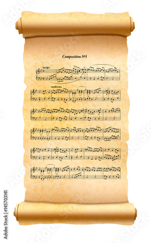 Old textured scroll with musical composition sheet isolated on white