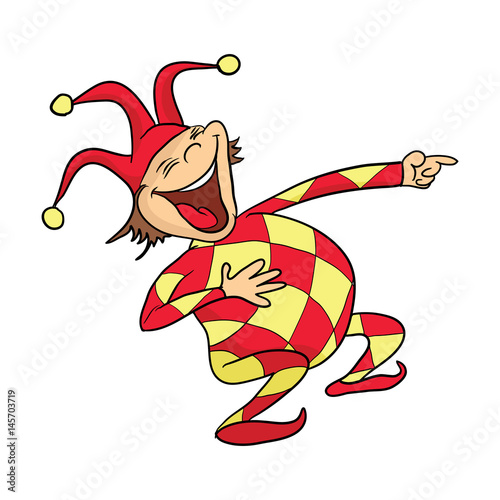 The laughing clown or jester in fool's cap is pointing the finger. Vector illustration.
