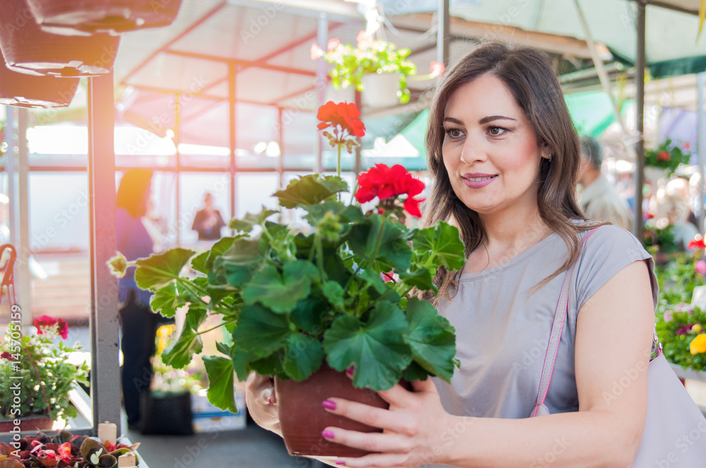 Young woman holding geranium in clay pot at garden center. Gardening, planting - woman with geranium flowers