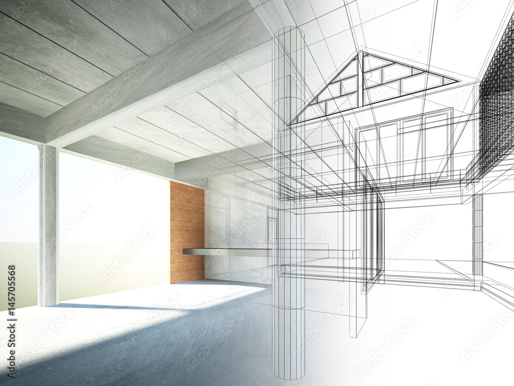 sketch design of interior space ,3d render sketch design of interior space ,3d render