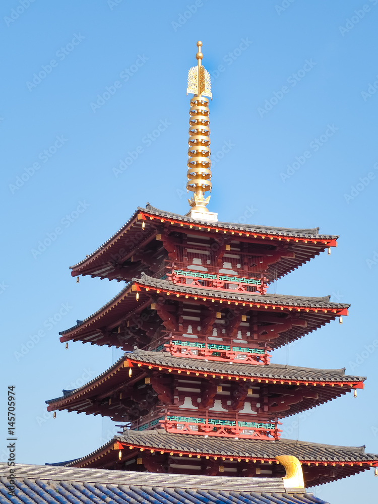 Look up of the Five Storied Pagoda at Shitennoji Temple, Osaka Japan Look up of the Five Storied Pagoda at Shitennoji Temple, Osaka Japan