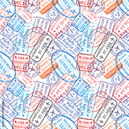 Many International travel visa rubber stamps imprints, seamless pattern