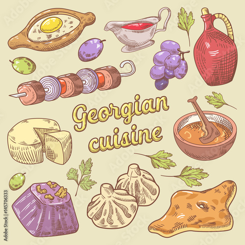 Georgian Cuisine Traditional Food with Khinkali. Hand Drawn vector doodle