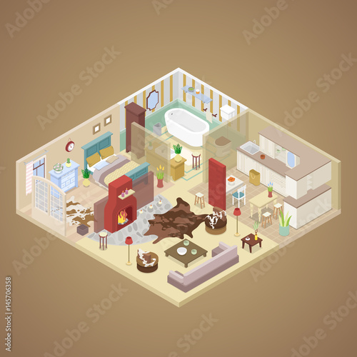 Rural House Interior Design with Living Room, Bedroom and Kitchen. Isometric vector flat 3d illustration