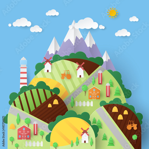 Rural Landscape with Countryside Houses and Mountains