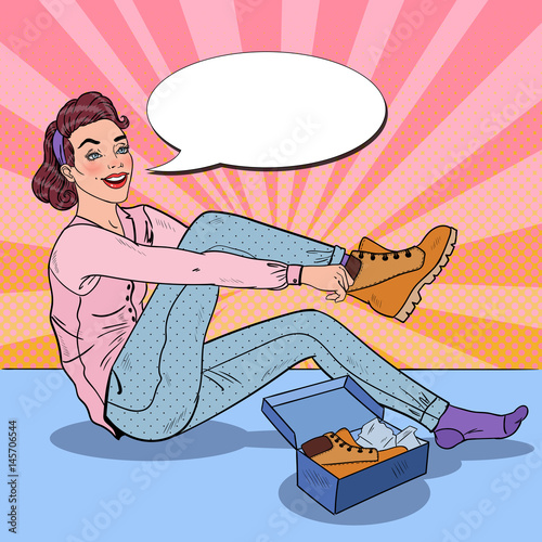 Young Beautiful Woman Trying on New Shoes in a Store. Seasonal Shopping. Pop Art vector illustration