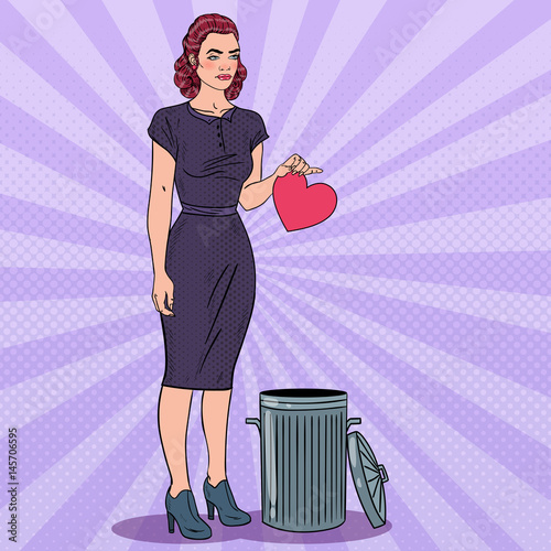 Unhappy Woman Throws Her Heart in the Trash. Unrequited Love. Pop Art Vector illustration