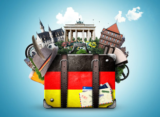 Germany, german landmarks, travel and retro suitcase