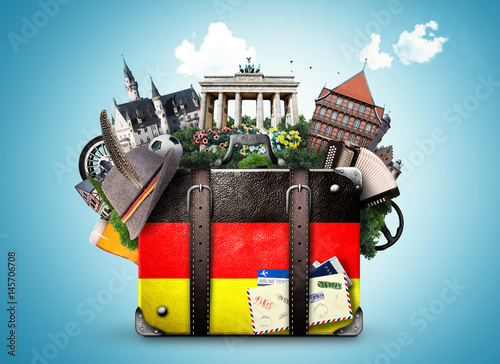 Fototapeta Germany, german landmarks, travel and retro suitcase