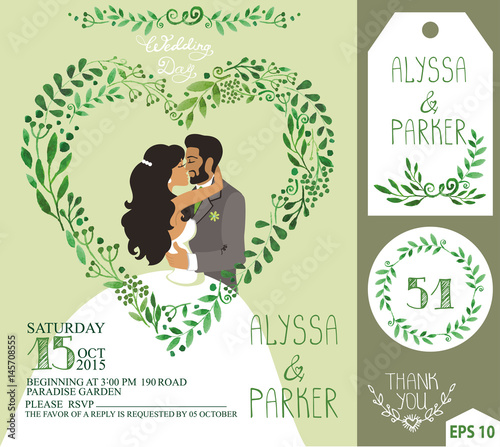 Wedding invitation.Green branches heart , kissing bride,groom