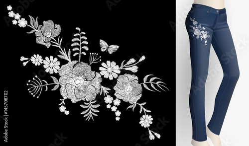 Embroidered white flower patch rose poppy daisy herbs. Women slim jeans pair decoration floral ornament print embroidery. Vintage fashion trendy design vector illustration