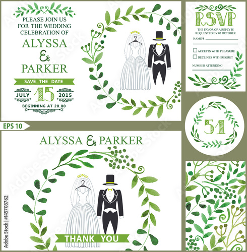 Wedding invitation.Green branches wreath, wedding clothes