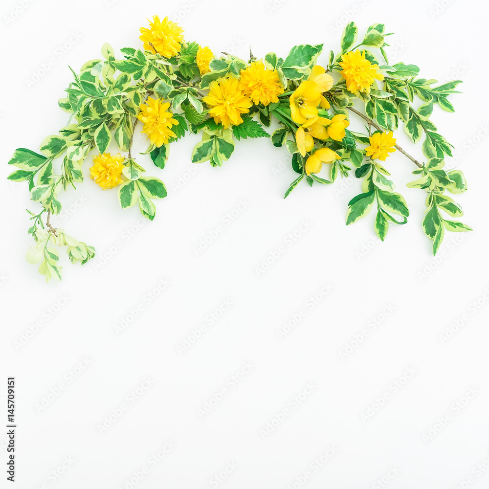 Floral pattern branches with leaves and yellow flowers on white background. Flat lay, top view. Floral background. Floral pattern branches with leaves and yellow flowers on white background. Flat lay, top view. Floral background.