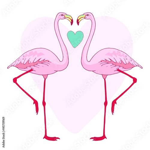 Vector pink flamingo bird couple illustration. Hand drawn sketch with the wild animal. Romantic Valentines day illustration