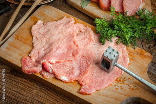 Slices of raw pork. photo