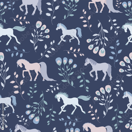 Seamless pattern, fairy horses and floral ornament
