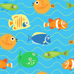 Papier peint photo Vagues de la mer patrons Poissons tropicaux multicolores en motif  © bulycheva_art