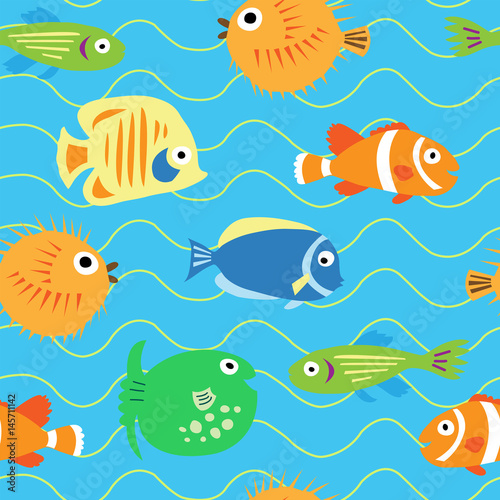 Seamless cute pattern with different tropical fish