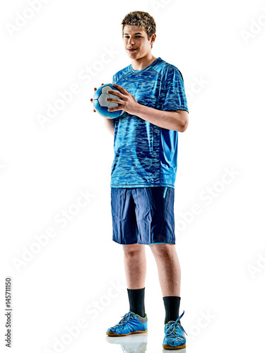 one caucasian handball player teenager boy in studio isolated on white background photo