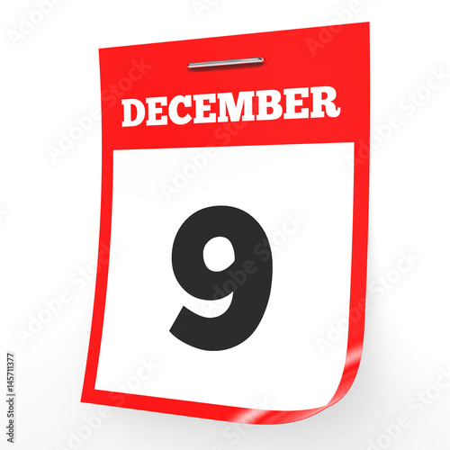 December 9. Calendar on white background.