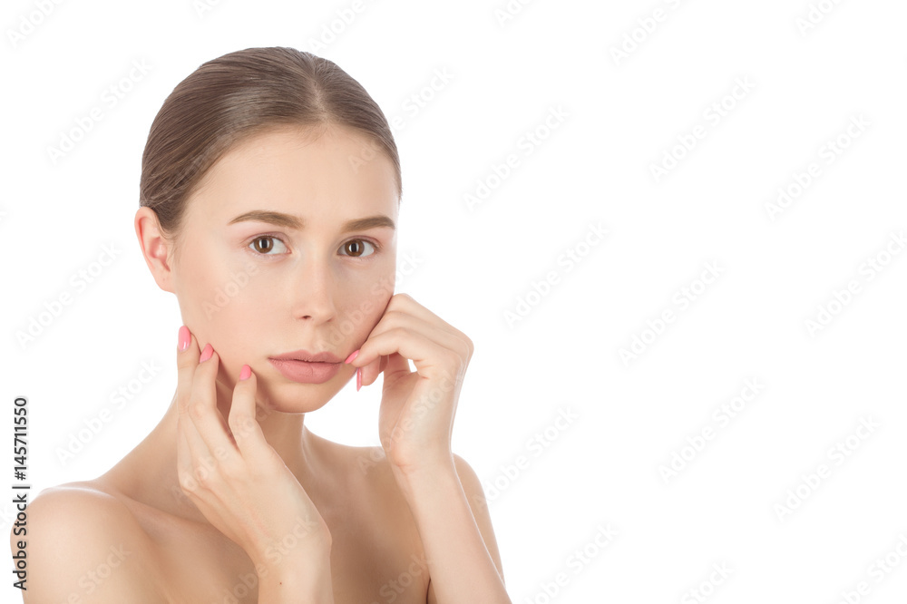Woman with a natural beauty makeup look - isolated over a white background Woman with a natural beauty makeup look - isolated over a white background