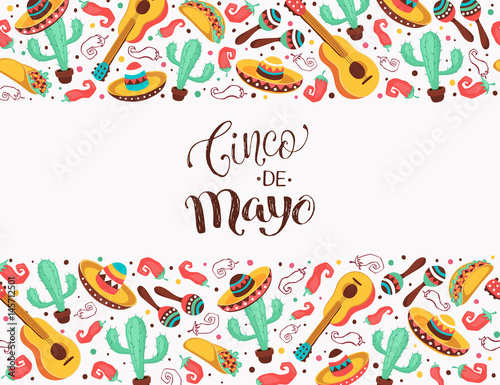 Viva Mexico poster in horizontal stripe composition. Mexican culture symbols collection. Guitar, sombrero, maracas, cactus and jalapeno isolated on white background.
