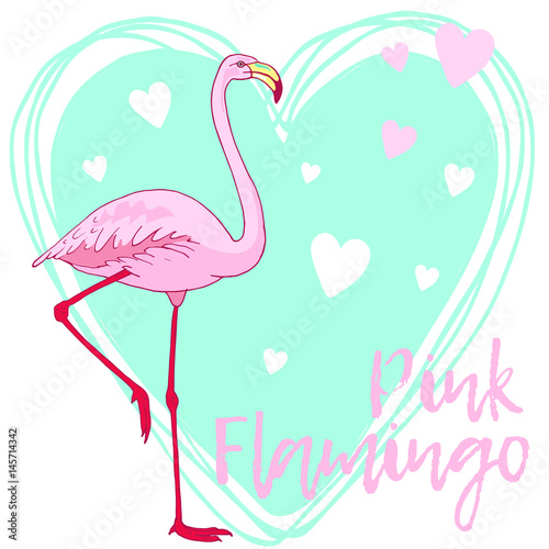 Vector pink flamingo bird illustration. Hand drawn sketch with the wild animal. Romantic Valentines day illustration