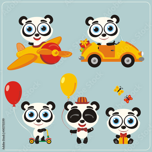 Set isolated panda for holiday design. Panda in airplane  car  with balloons and gifts. Collection funny panda in cartoon style for children holiday and birthday.