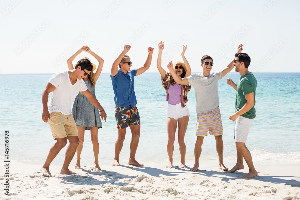 Young friends dancing at beach on sunny day