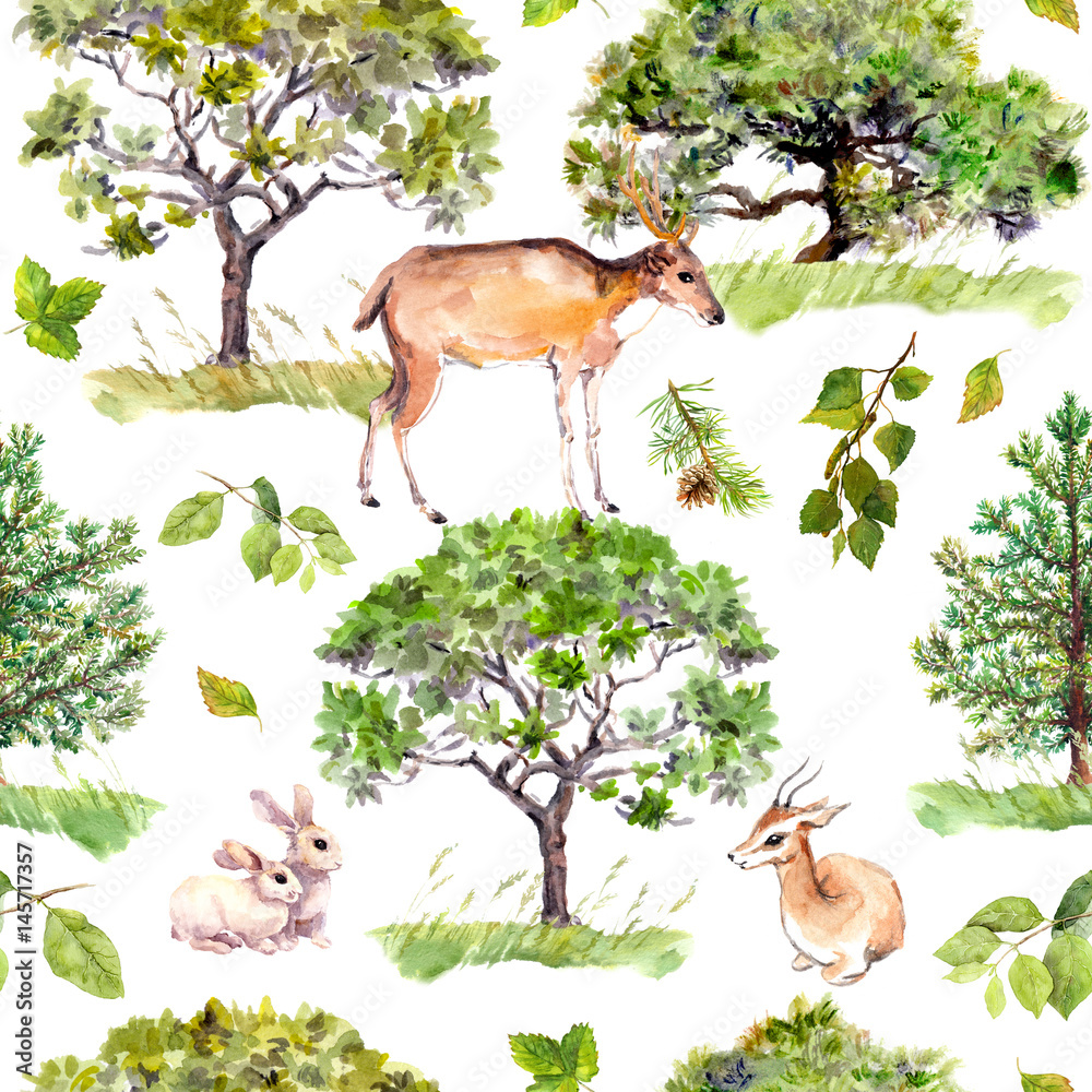 Obraz Zielone drzewa. Park, wzór lasu ze zwierzętami leśnymi - jelenie, króliki, antylopy. Bezszwowe tło powtarzane. Akwarela