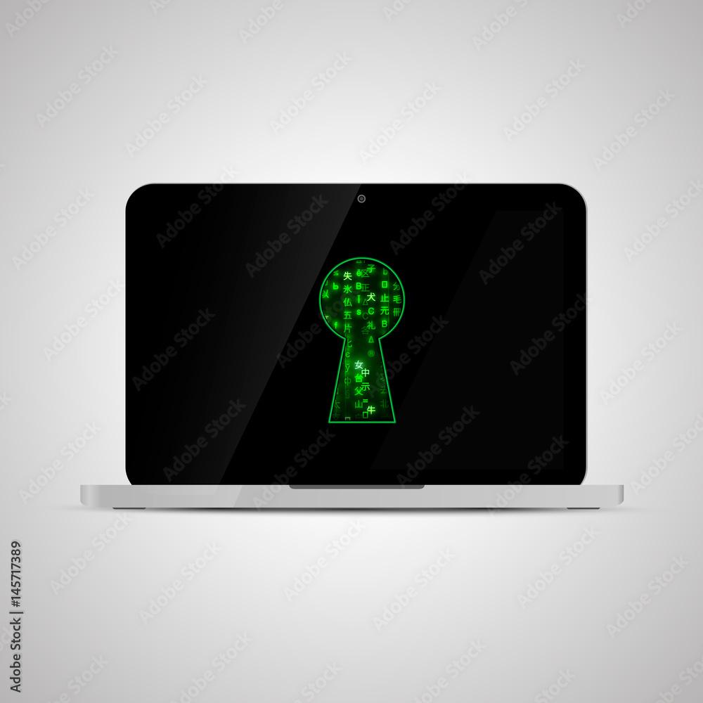 Realistic glossy laptop with matrix code in keyhole shape. Computer security concept.
