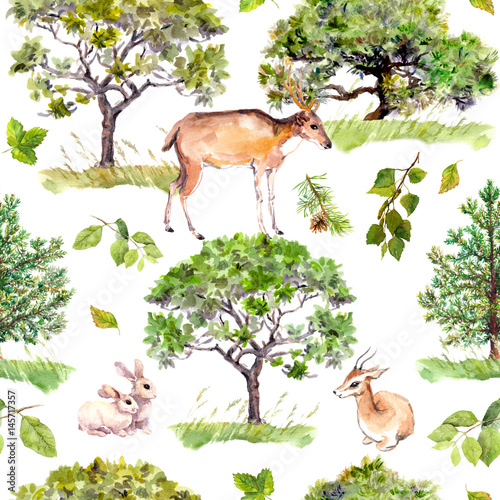 Obraz na płótnie Zielone drzewa. Park, wzór lasu ze zwierzętami leśnymi - jelenie, króliki, antylopy. Bezszwowe tło powtarzane. Akwarela