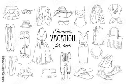 Summer travel packing for vacation. Woman clothing set. Vector hand drawn isolated objects. Black and white fashion collection for girl.