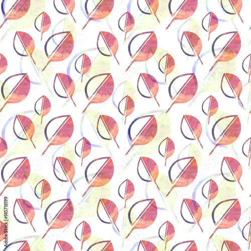 Fototapeta Naklejka Na Ścianę i Meble -  Seamless pattern with colorful watercolor leaves on white background