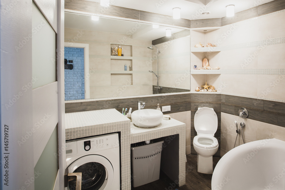 Bathroom with lavatory pan, hygienic shower, modern style sink and laundry washer. Scandinavian interior of water closet. Horizontal. Stock Photo Adobe Stock