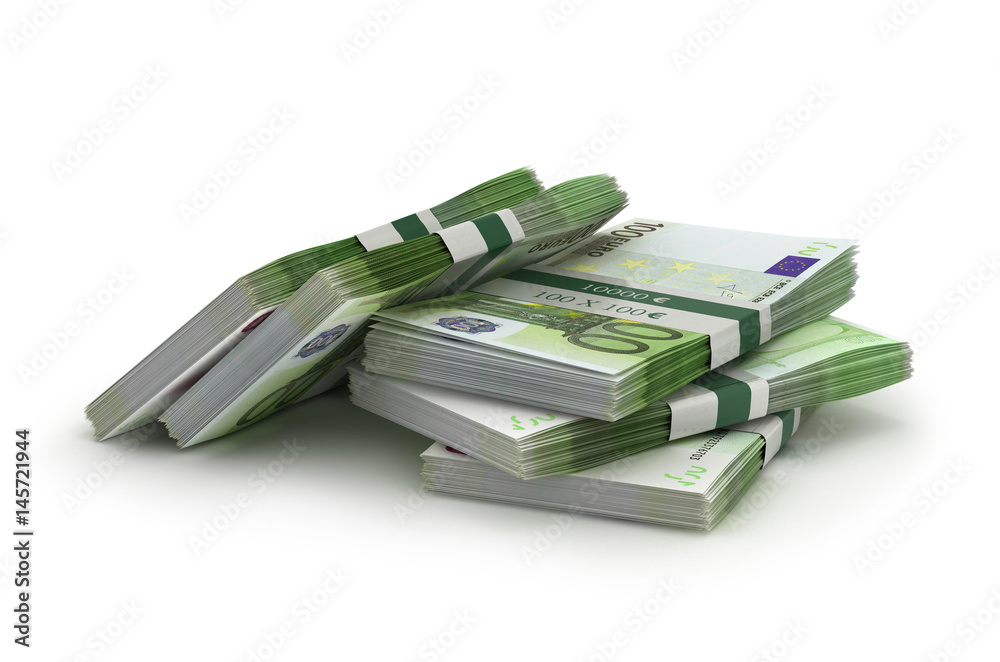stack of euro bills isolated, business concept, 3d illustration, - obrazy, fototapety, plakaty 